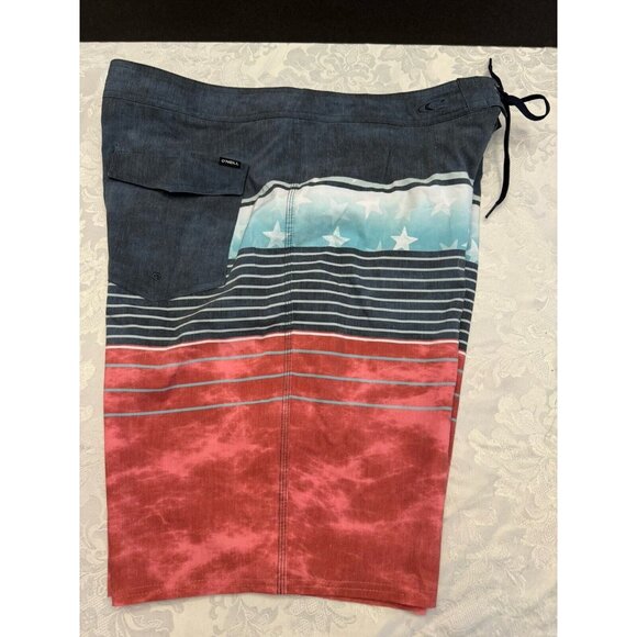 O'Neill Size 38 Heist Red White Blue Stars USA‎ Board Shorts Surf Swim Unlined - Picture 6 of 11